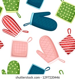 Seamless pattern. Potholder and oven mitt in different color and texture. Protective fabric tissue cloth with square, line and dot pattern. Flat vector illustration on white background.