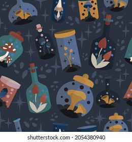 Seamless pattern of potion bottles. Vector icons of small flasks, magic elixir in glass flasks. Witch poison, love potion, Halloween. Different, magical mushrooms. A set for alchemy. Design for games.