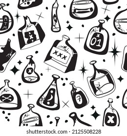 Seamless pattern of potion bottles. Vector icons of small flasks, magic elixir in glass flasks. Witch poison, love potion, Halloween. A set for alchemy. Design for games.