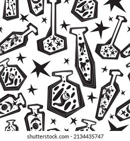 Seamless pattern of potion bottles. Vector icons of small flasks, magic elixir in glass flasks. Witch poison, love potion, Halloween. Different, magical mushrooms. A set for alchemy. Design for games.