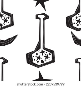 Seamless pattern of potion bottles. Vector icons of small flasks, magic elixir in glass flasks. Witch poison, love potion, Halloween. Different, magical mushrooms. A set for alchemy. Design for games.