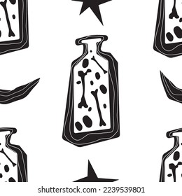 Seamless pattern of potion bottles. Vector icons of small flasks, magic elixir in glass flasks. Witch poison, love potion, Halloween. Different, magical mushrooms. A set for alchemy. Design for games.