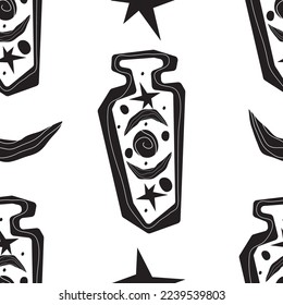 Seamless pattern of potion bottles. Vector icons of small flasks, magic elixir in glass flasks. Witch poison, love potion, Halloween. Different, magical mushrooms. A set for alchemy. Design for games.