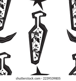 Seamless pattern of potion bottles. Vector icons of small flasks, magic elixir in glass flasks. Witch poison, love potion, Halloween. Different, magical mushrooms. A set for alchemy. Design for games.