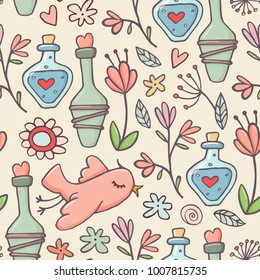 Seamless pattern, potions, birds, flowers, yellow