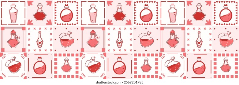 Seamless pattern with potions in retro style. Pink Background with magic potions.