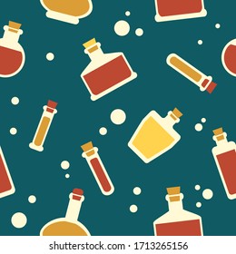 Seamless pattern with potions. Vector background with simple bottles and bubbles.