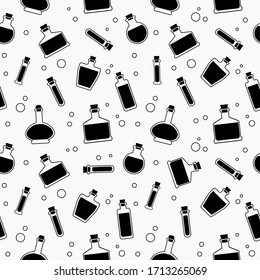 Seamless pattern with potions. Vector black and white background with simple bottles and bubbles.