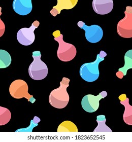 A seamless pattern with potions,bottles,jars, glass