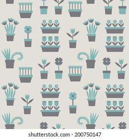 Seamless pattern with pots of flowers. Vector illustration. 