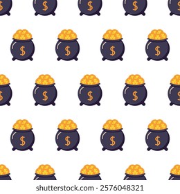 Seamless Pattern of Pots of Gold. A seamless pattern featuring black pots filled with gold coins and dollar symbols, ideal for festive St. Patrick's Day or financial themes. Vector illustration