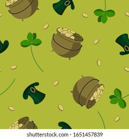 seamless pattern with pots of gold, with a gnome treasure, with coins, with four leaf clover for good luck. St. Patrick's Day banner