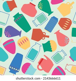 Seamless pattern of pots and vases for flowers and home decor. Bright vase on a light background. Flat design. Vector illustration.