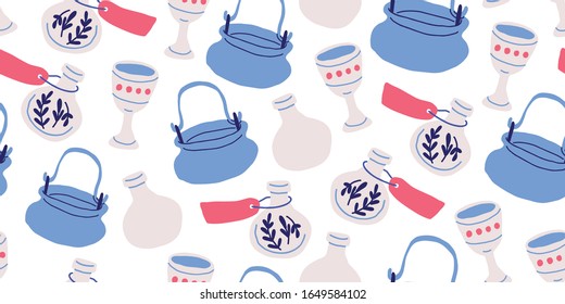 Seamless pattern with pots, witch kettles, grails, poison bottles, stars on white background. Kids pattern design with cute school of magic elements in hand drawn cartoon style