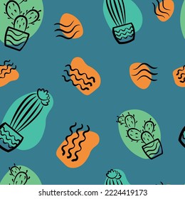 Seamless pattern with potted cacti and abstract patterns. Beautiful vector texture. Great for fabric, clothing, wallpaper and notepads.