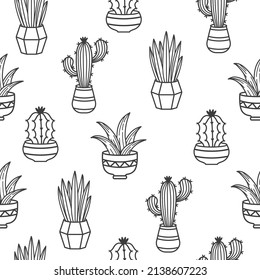 Patrón sin foco con cactus machacados. Hogar en maceta. Patrón vector exitoso. Cactus aislados sobre fondo blanco. Hogar en la olla sin soldadura. Antecedentes con plantas en macetas.