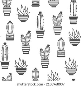Patrón sin foco con cactus machacados. Hogar en maceta. Patrón vector exitoso. Patrón sin foco con plantas domésticas en ollas. Cactus aislados sobre fondo blanco.