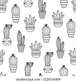 Seamless pattern with potted cactus. Houseplant in potted. Succulent vector pattern. Isolated cactus on white background. Houseplant in pot seamless pattern. Exotic design for fabric, paper, cover.