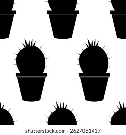 Seamless pattern with a potted cactus plant icon. A black silhouette of a plant on a white background. Vector illustration
