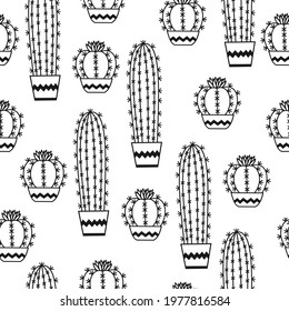 Seamless pattern with potted cactus Vector outline illustration drawings For design packaging, textile, background, design postcards and posters