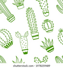 Seamless pattern with potted cactus Vector outline illustration drawings For design packaging, textile, background, design postcards and posters