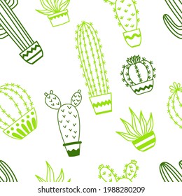 Seamless pattern with potted cactus Vector outline illustration drawings For design packaging, textile, background, design postcards and posters