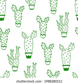 Seamless pattern with potted cactus Vector outline illustration drawings For design packaging, textile, background, design postcards and posters