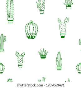 Seamless pattern with potted cactus Vector outline illustration drawings For design packaging, textile, background, design postcards and posters