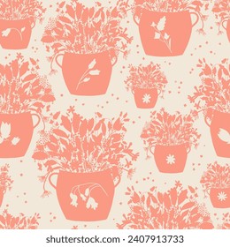 Patrón sin foco con flores en maceta. Siluetas florales de color rosa sobre fondo beige. Patrón de repetición simple y disperso. Para los proyectos textiles, papel pintado, embalaje, DIY.
