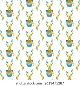 Seamless pattern with potted flowers tied with ribbon and delicate blue blossoms on white background. Represents spring decoration, gardening and floral aesthetics in a hand drawn vector style
