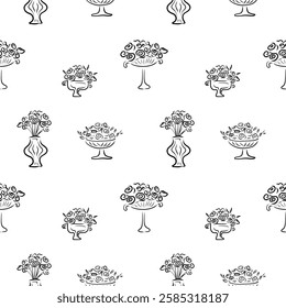 Seamless pattern potted flowers, flowers in vases, doodles pattern