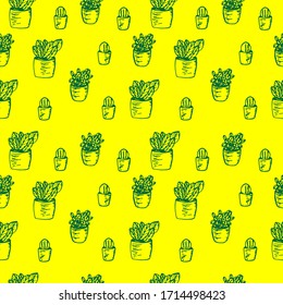 Seamless pattern of potted flowers, vector illustration, green and yellow colors, hand drawing