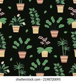Seamless pattern potted flowers, vector illustration background ficus, dracaena, orchid.