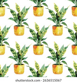 Seamless  pattern of potted green houseplants in terracotta pots. Perfect for home decor, fabric, packaging, gardening designs, and eco-themed projects. Fresh and hand-painted.
