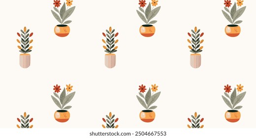 Seamless pattern of potted home flowers 