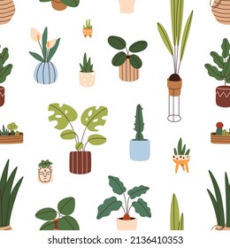 Patrón sin foco con plantas de macetas impresas. Diseño de fondo repetible infinito con plantas de hojas verdes que crecen en plantadores. Decoración de fondo repetitiva. Ilustración vectorial plana de color