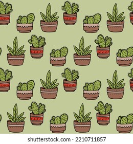 Seamless pattern with potted house plants on light green background. Vector image. Doodle style.
