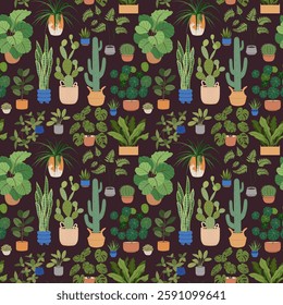 Seamless pattern of potted houseplants. Seamless botanical pattern with colorful home plants, cacti and tropical foliage, on a dark background. Perfect for wrapping paper, textile, product design.