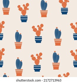 Seamless pattern with potted houseplants. Cactus houseplant in pots. Succulent vector pattern. Isolated plants on light background. Abstract design for fabric, paper, cover, interior decor.