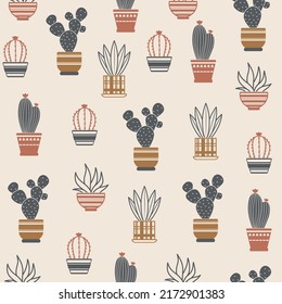 Seamless pattern with potted houseplants. Cactus houseplant in pots. Succulent vector pattern. Isolated plants on light background. Abstract design for fabric, paper, cover, interior decor.