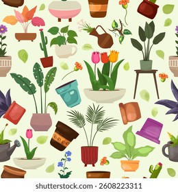 Seamless pattern of potted houseplants.. Decorative home plants and pots vector illustration seamless pattern. Botanical wallpaper perfect for wrapping paper, textile and product design