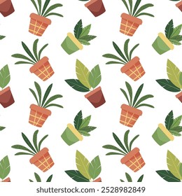 A seamless pattern of potted houseplants. Hand-drawn indoor flowers. Vector illustration. Can be used in printing, wallpaper, packaging