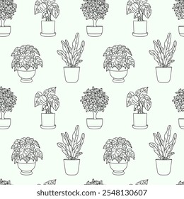 Seamless pattern of potted houseplants in monochrome line art style on a light background. Botanical illustration. Interior decoration and gardening concept.