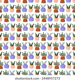Seamless pattern of potted indoor plants. Hand drawn potted indoor flowers. Cartoon style. Web design, textile, print.
