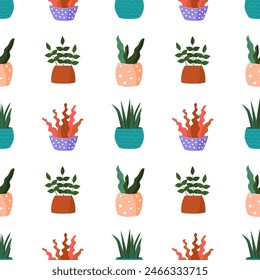 Patrón sin fisuras de plantas de interior en macetas. Flores de interior dibujadas a mano. Estilo de dibujos animados. Diseño web, textil, estampado.
