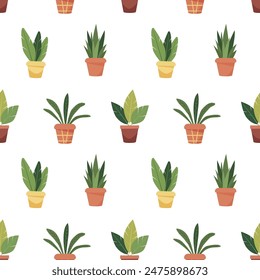 Seamless pattern of potted indoor plants. Hand drawn indoor flowers isolated on white background. Cartoon style. Web design, textile, print.

