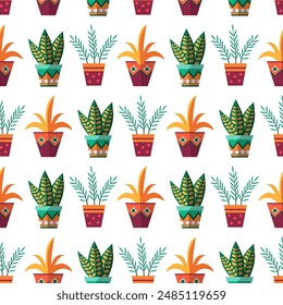 Seamless pattern of potted indoor plants. Hand drawn indoor flowers isolated on white background. Web design, textile, print.