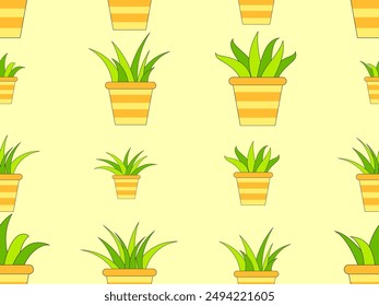 Seamless pattern with potted indoor plants in minimalist style. Indoor plants in a pot with a black outline. Houseplant design for wallpaper, wrappers, covers, banners and posters. Vector illustration