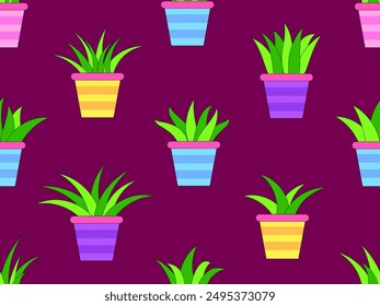 Seamless pattern with potted indoor plants in minimalist style. Indoor plants in a pot with a black outline. Houseplant design for wallpaper, wrappers, covers, banners and posters. Vector illustration