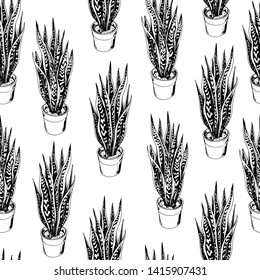 Seamless pattern with potted Laurentii snake plants. Sansevieria trifasciata, mother-in-law's tongue plants. Hand drawn vector. Black and white.